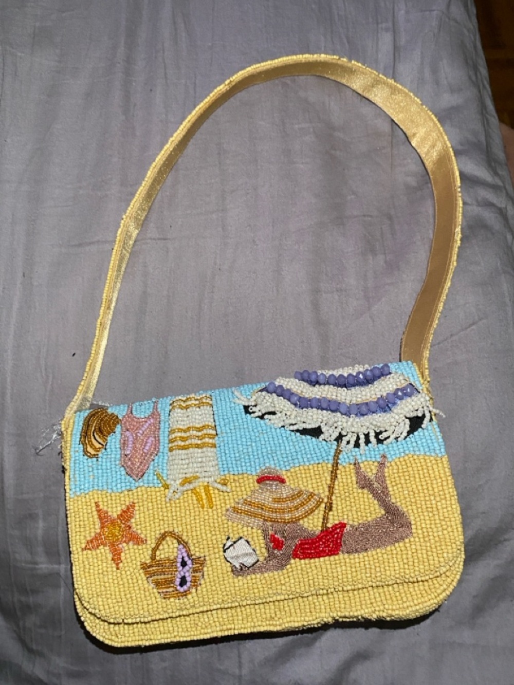 Beaded Beach Scene Shoulder Bag - Yellow